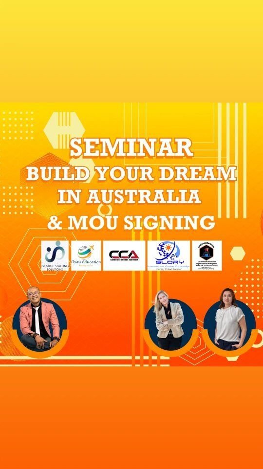 Seminar Build Your Dream in Australia & 
MOU Signing Between Cambridge College Australia with LPK Glory International Cruise Knowledge Klungkung and also LKP Ganesh Aksara Wiguna

(23 - 25 Oktober 2023)
Telah dilaksanakan Seminar oleh pihak Cambridge College Australia, PSS, dan FlyAu Education mengenai bagaimana cara untuk menggapai mimpi di Australia. Acara yang sungguh luar biasa dimana Glory International Cruise Knowledge Klungkung dan LKP Ganesh Aksara Wiguna berkesempatan menjalin kerjasama dengan kampus di Australia sehingga peserta latih Glory kedepannya bisa melanjutkan pendidikan nya di jenjang internasional bersama Cambridge College Australia. 

Tak hanya belajar, mereka memiliki kesempatan untuk bekerja dan meniti karier di Australia dengan bantuan dari PSS. Sebelum itu pastinya peserta latih Glory yang berminat akan dibantu dalam pengurusan Student Visa oleh pihak FlyAu Education. 

Start to Change Your Life and Build Your Dream in Australia 🦘🐨🇦🇺